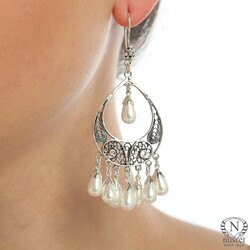 925 Silver Chandelier Filigree Earring with Pearl - Nusrettaki