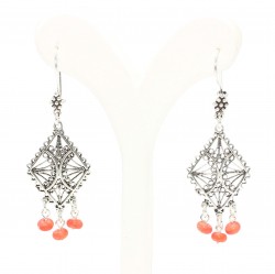 925 Silver Chandelier Filigree Earring with Red Coral Stone - 2