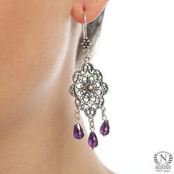 925 Silver Circle Design Chandelier Filigree Earring with Amethyst - Nusrettaki