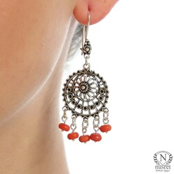 925 Silver Circle Model Chandelier Filigree Earring with Red Coral Stone - 1
