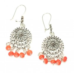 925 Silver Circle Model Chandelier Filigree Earring with Red Coral Stone - Nusrettaki (1)