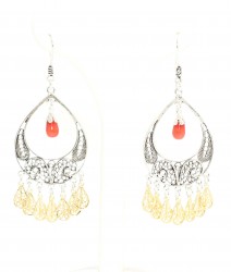 925 Silver Crescent Model Filigree Earring with Red Coral Stone - Nusrettaki