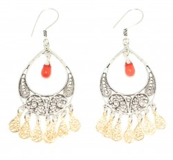 925 Silver Crescent Model Filigree Earring with Red Coral Stone - 2