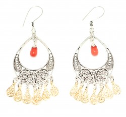 925 Silver Crescent Model Filigree Earring with Red Coral Stone - Nusrettaki (1)