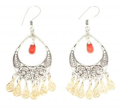 925 Silver Crescent Model Filigree Earring with Red Coral Stone - 2