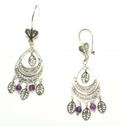 925 Silver Double Crescent, Chandelier Filigree Earring with Amethyst - Nusrettaki