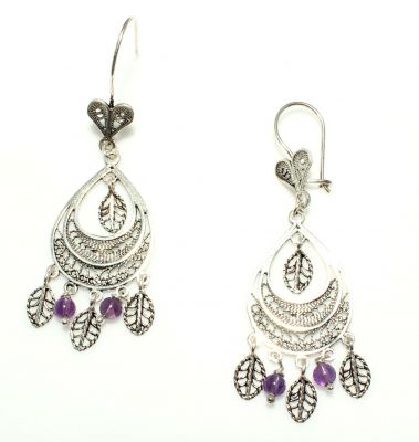 925 Silver Double Crescent, Chandelier Filigree Earring with Amethyst - 1