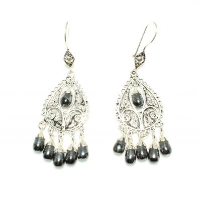 925 Silver Drop Filigree Earring with Black Pearl - 2