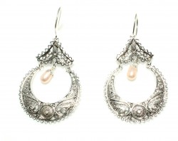 925 Silver Drop Filigree Earring with Pink Pearl - Nusrettaki