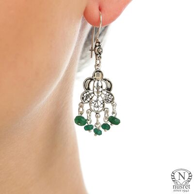 925 Silver Emerald Stoned Chandelier Filigree Earring - 1