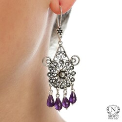 925 Silver Flower Design Chandelier Filigree Earring with Amethyst - Nusrettaki