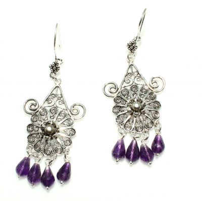 925 Silver Flower Design Chandelier Filigree Earring with Amethyst - 2