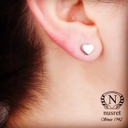 Nusrettaki - 925 Silver Tiny Heart Stud Earrings, White Gold Plated
