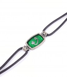 925 Silver Waw Letter Green Enamel Leather Bracelet - Nusrettaki