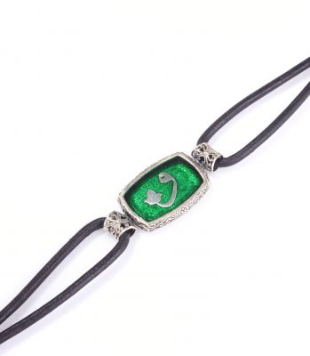 925 Silver Waw Letter Green Enamel Leather Bracelet - 1