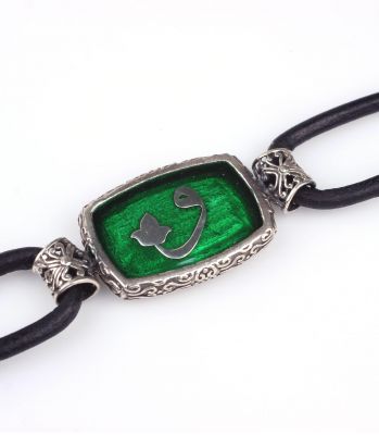 925 Silver Waw Letter Green Enamel Leather Bracelet - 3