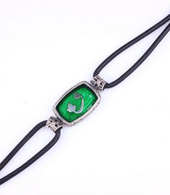 925 Silver Waw Letter Green Enamel Leather Bracelet - 4