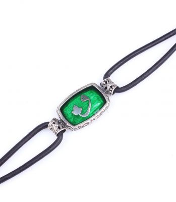 925 Silver Waw Letter Green Enamel Leather Bracelet - 5
