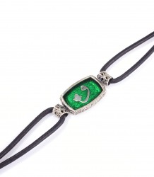 925 Silver Waw Letter Green Enamel Leather Bracelet - 6