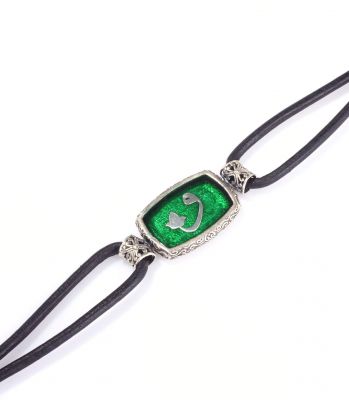 925 Silver Waw Letter Green Enamel Leather Bracelet - 6