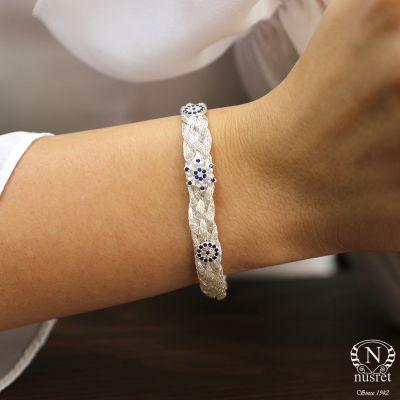 925 Sterling Silver 6 Piece Braided Evil Eye Bead and Snowflake Stone Bracelet - 1