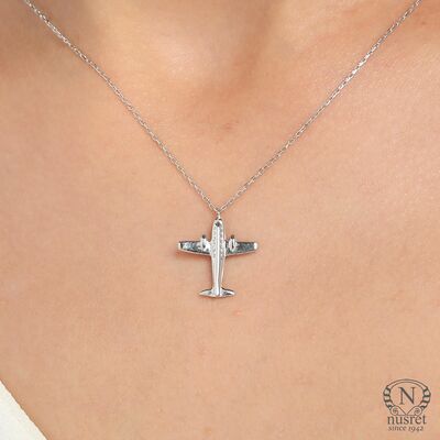 925 Sterling Silver AeroPlane Necklace, White - 5