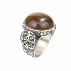 925 Sterling Silver Amber Green Color Stone, Handcarved Man Ring - 2