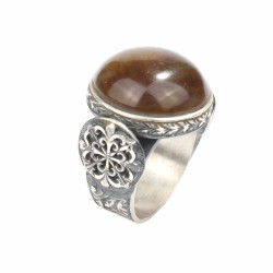 925 Sterling Silver Amber Green Color Stone, Handcarved Man Ring - Nusrettaki (1)