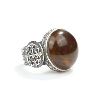 925 Sterling Silver Amber Green Color Stone, Handcarved Man Ring - 3