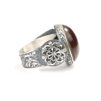925 Sterling Silver Amber Green Color Stone, Handcarved Man Ring - 4