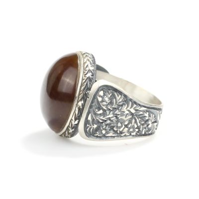 925 Sterling Silver Amber Green Color Stone, Handcarved Man Ring - 5