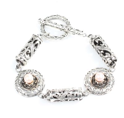 925 Sterling Silver Antique Bracelet with Pink Pearl - 2