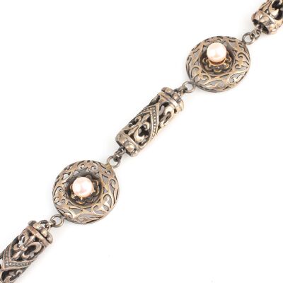 925 Sterling Silver Antique Bracelet with Pink Pearl - 5