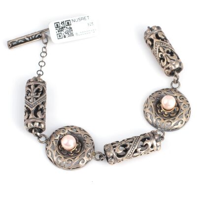 925 Sterling Silver Antique Bracelet with Pink Pearl - 1