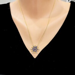 925 Sterling Silver Frozen Snowflake Necklace, Blue Cz - Nusrettaki