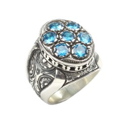 925 Sterling Silver Blue Stone With Facet Man Ring - 1