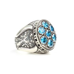 925 Sterling Silver Blue Stone With Facet Man Ring - Nusrettaki (1)