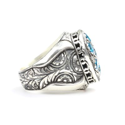 925 Sterling Silver Blue Stone With Facet Man Ring - 3