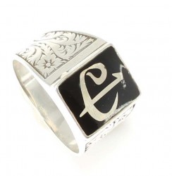 925 Sterling Silver, Bronze Elif Vav Model Men Ring, Black Enameled - Nusrettaki