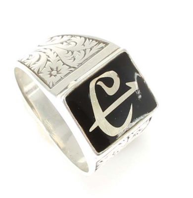 925 Sterling Silver, Bronze Elif Vav Model Men Ring, Black Enameled - 1