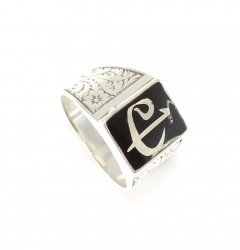 925 Sterling Silver, Bronze Elif Vav Model Men Ring, Black Enameled - 2