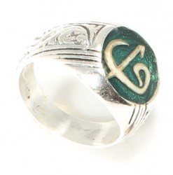 925 Sterling Silver, Bronze Elif Vav Model Men Ring, Green Enameled, Sphere - 1
