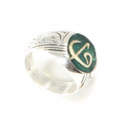 925 Sterling Silver, Bronze Elif Vav Model Men Ring, Green Enameled, Sphere - 2