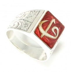 925 Sterling Silver, Bronze Elif Vav Model Men Ring, Red Enameled - Nusrettaki