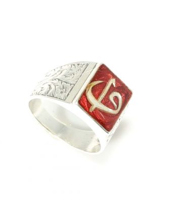 925 Sterling Silver, Bronze Elif Vav Model Men Ring, Red Enameled - 2