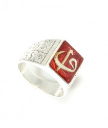 925 Sterling Silver, Bronze Elif Vav Model Men Ring, Red Enameled - Nusrettaki (1)