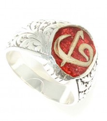 925 Sterling Silver, Bronze Elif Vav Model Men Ring, Red Enameled, Sphere - Nusrettaki