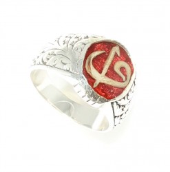 925 Sterling Silver, Bronze Elif Vav Model Men Ring, Red Enameled, Sphere - 2