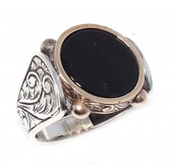 925 Sterling Silver, Bronze Onyx Stone Men Ring, Round - Nusrettaki (1)