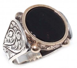 925 Sterling Silver, Bronze Onyx Stone Men Ring, Round - Nusrettaki